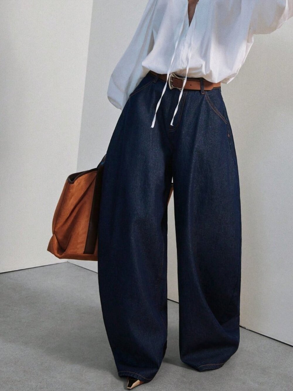 Dark Wash Casual Women's Drawstring Pocket Zip Fly Low Rise Baggy Barrel Jeans